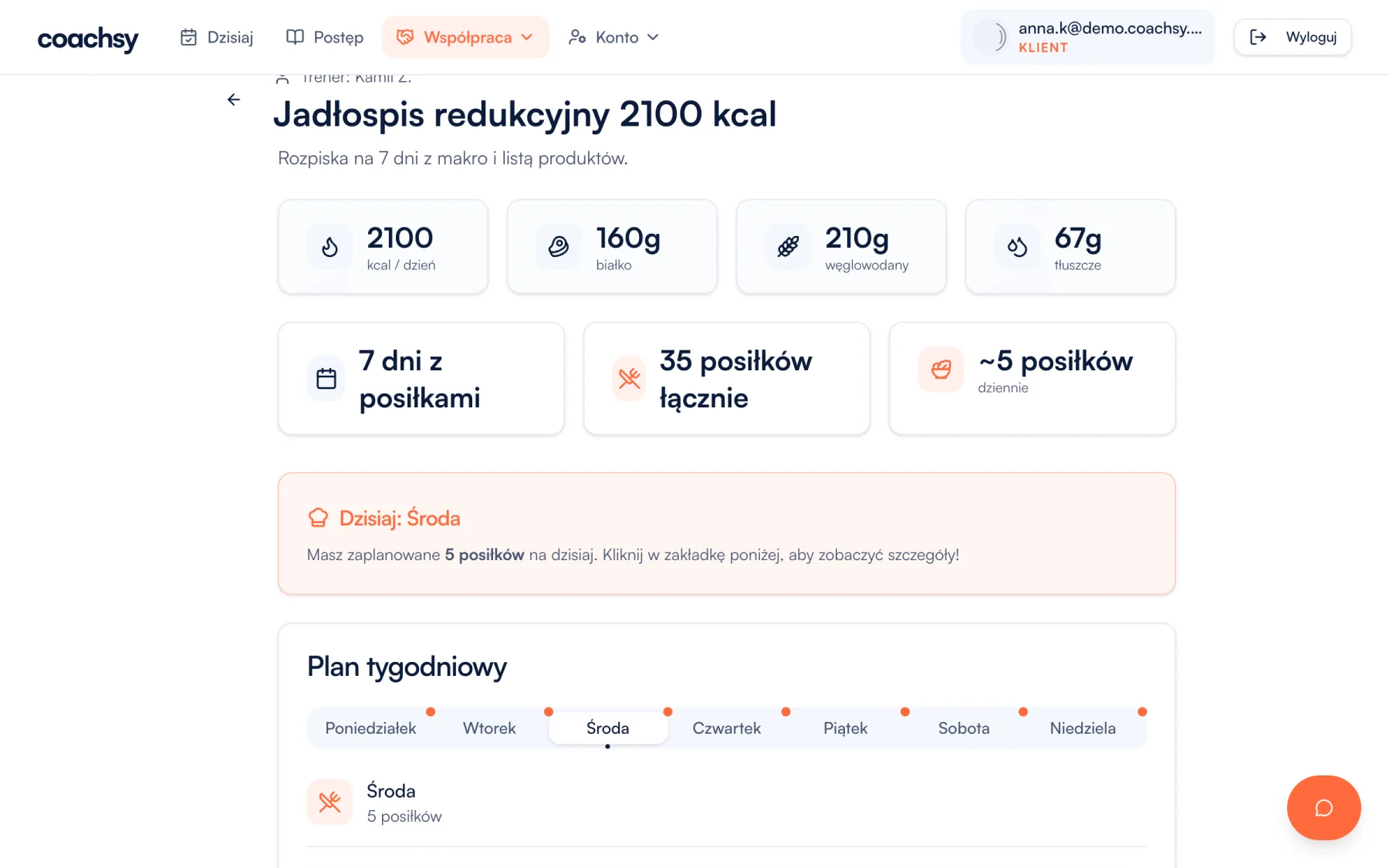 Jadłospis klienta w Coachsy: kalorie i makroskładniki na dzień oraz posiłki rozpisane na kolejne dni tygodnia.